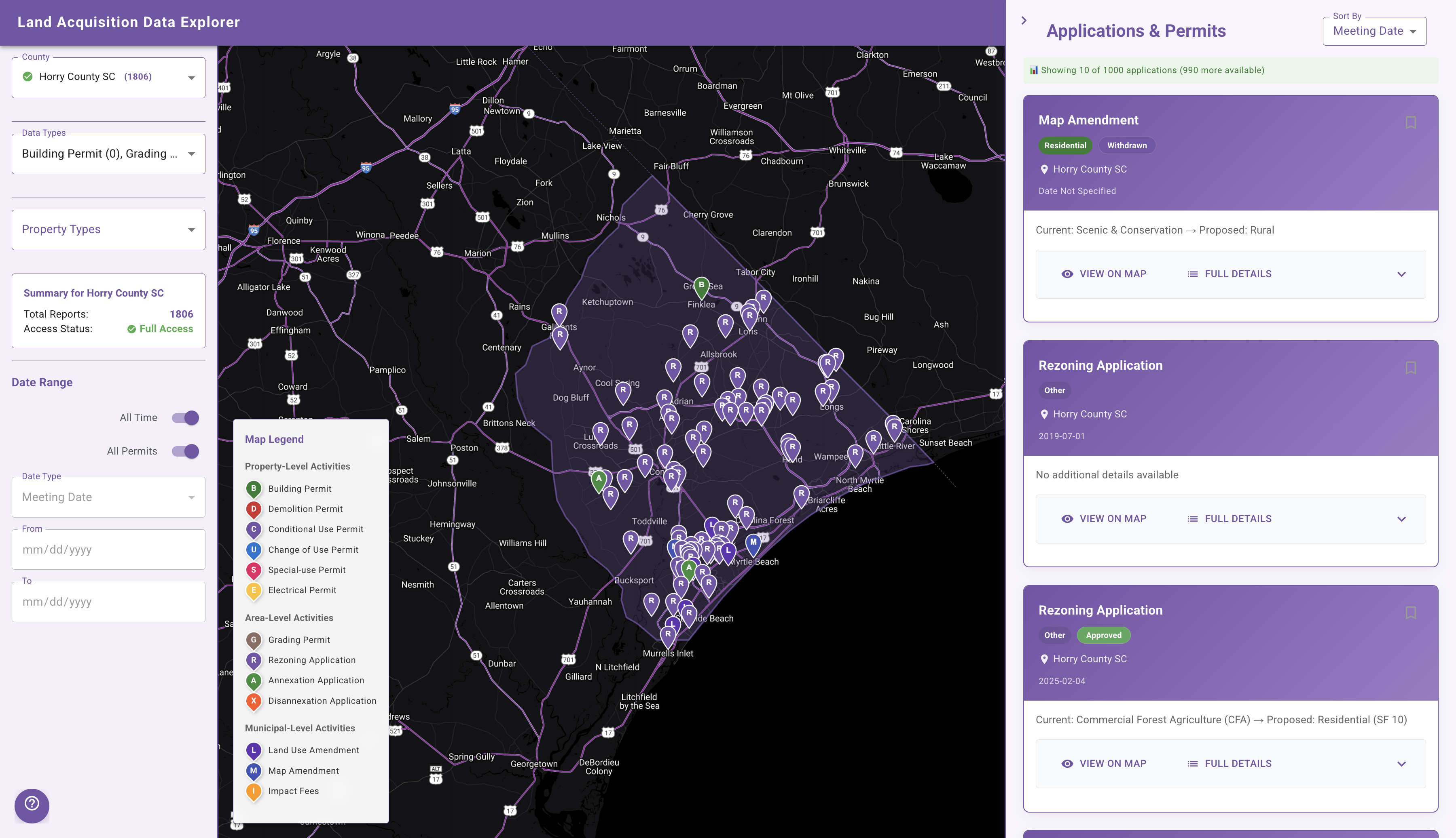 InfoScout dashboard showing rezoning applications, building permits, and land development data across US counties with interactive map view
